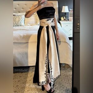 Bill Levkoff Black and Champagne Dress with Beaded Embroidery